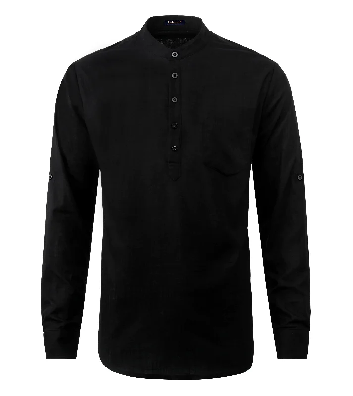 Men‘s Henley Shirt Cotton Linen with Pocket - BLACK Edgy Men's Punk