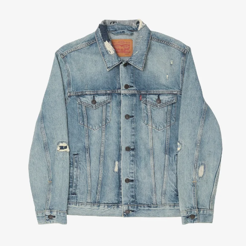 Distressed Denim Trucker Jacket Adventure