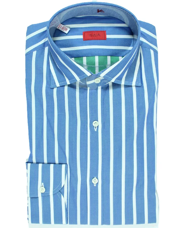 Isaia Dress Shirt Navy White Stripes 39 - 15 1/2 Regular Fit Stylish Men's Neon