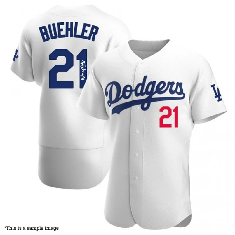 Walker Buehler Autographed White Authentic Dodgers Jersey Sleek Men's Metallic