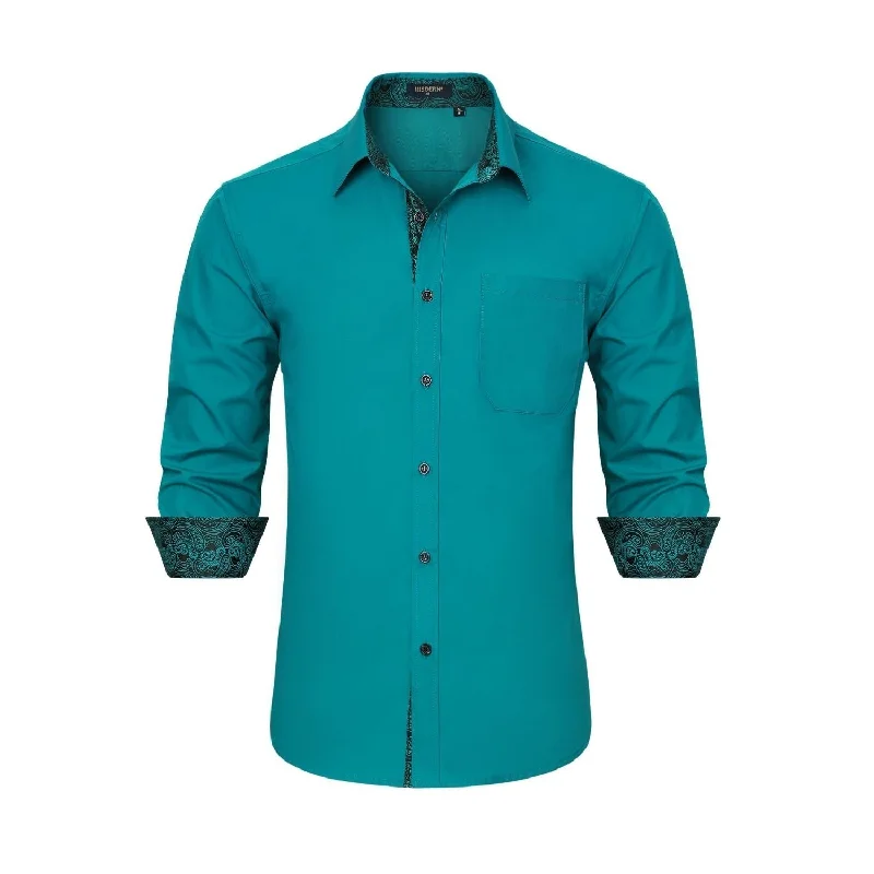 Men's Patchwork Dress Shirt with Pocket - PEACOCK BLUE Rugged Men's Outdoor 