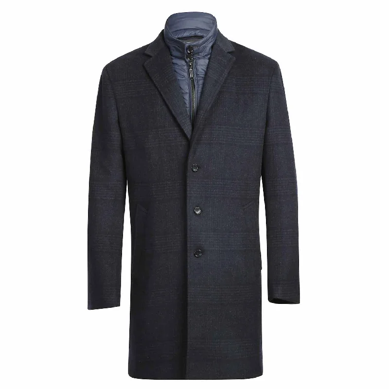 English Laundry Blue Tone-on-tone Glen Plaid Slim Fit Wool Blend Short Coat with Detachable Full Zipper Masculine Men's Thick