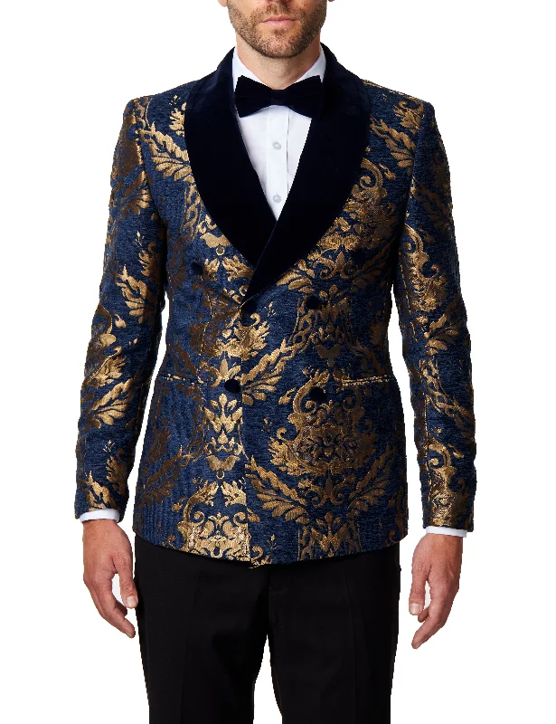 GLEN - Gold Brocade on Navy Jacquard Double Breasted Jacket Refined Men's Velvet