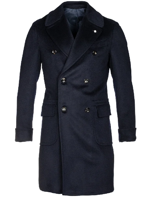 Double Breasted Overcoat Wool & Cashmere Navy Dynamic Men's Glow