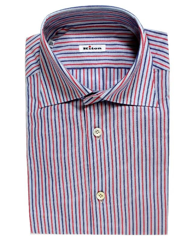 Kiton Dress Shirt Blue Red Navy Stripes 39 - 15 1/2 SALE Earthy Men's Sustainable 