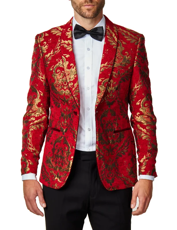 GLEN - Gold Brocade Paisley Print on Crimson Red Jacquard Tux Jacket Practical Men's Quick