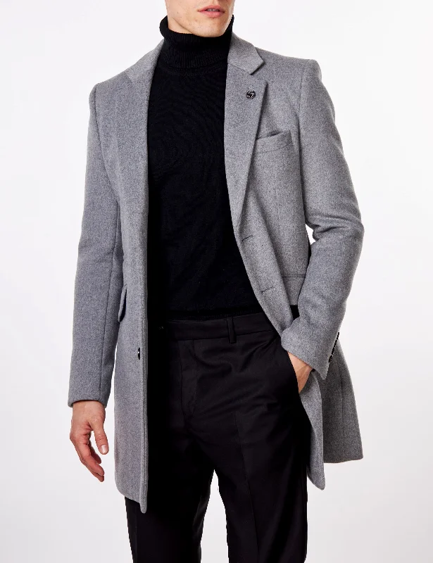 NATE - GREY LONG WOOL BLEND OVERCOAT Refined Men's Hand