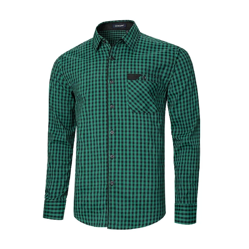 Men's Casual Long Sleeve Plaid Shirt - D-GREEN Streetwear Style