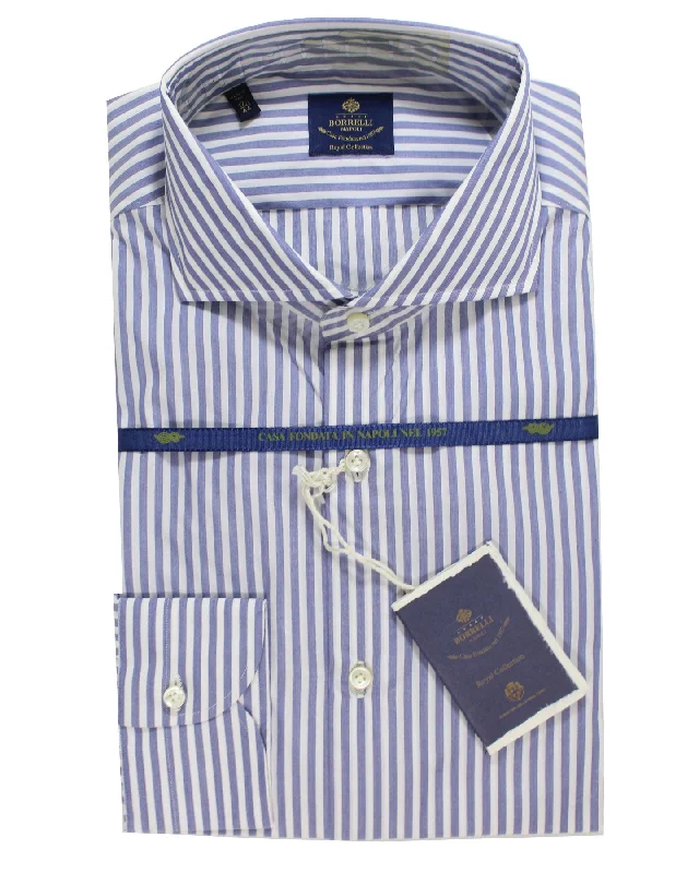 Luigi Borrelli Dress Shirt White Navy Stripes 44 - 17 1/2 Royal Collection Spread Collar Refined Men's European