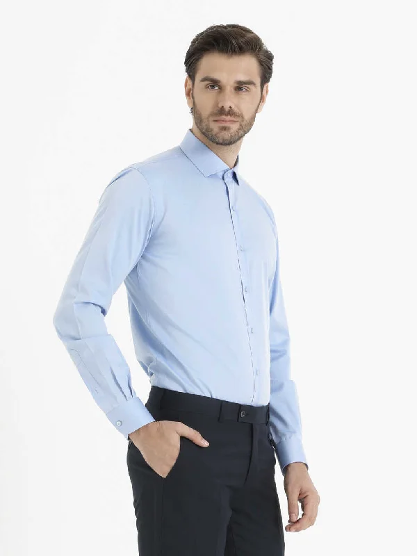 Slim Fit Plain Cotton Blend Light Blue Dress Shirt Modern Men's Tech