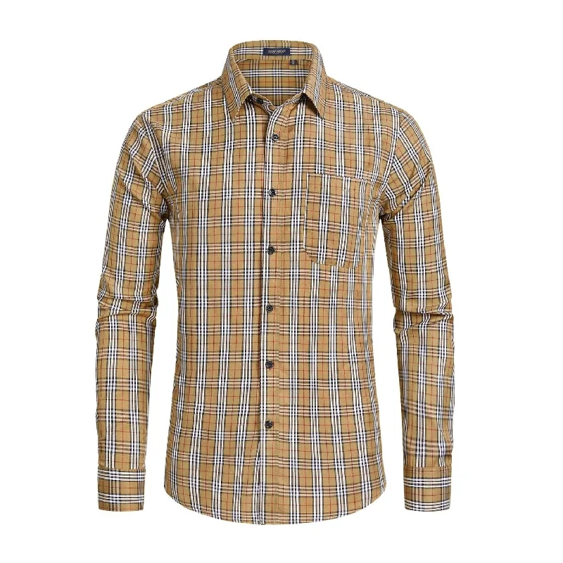 Men's Casual Long Sleeve Plaid Shirt - BROWN Athletic Men's High