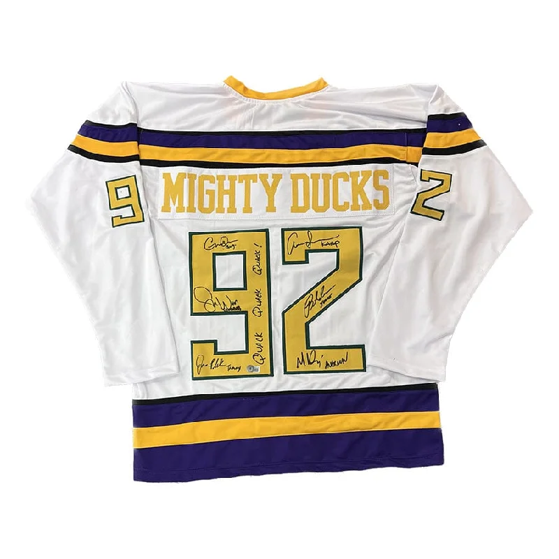 Mighty Ducks Cast Signed Custom White Jersey with "Quack, Quack, Quack" Unique Men's Upcycled