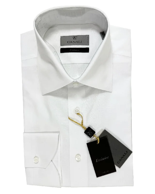 Canali Dress Shirt 39 - 15 1/2 White Cotton Linen - Exclusive Collection Vacation