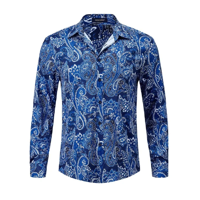 Men's Long Sleeve Shiny Shirt - Y-WHITE/BLUE Refined Men's Velvet