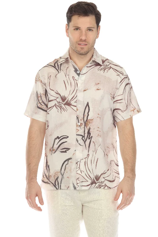 100% Linen Short Sleeve Floral Breeze Print Shirt Modern Men's 