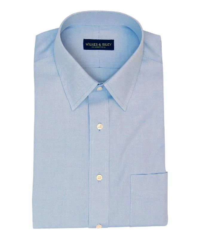 Classic Fit Blue Solid Point Collar Supima® Cotton Non-Iron Pinpoint Oxford Dress Shirt Vacation