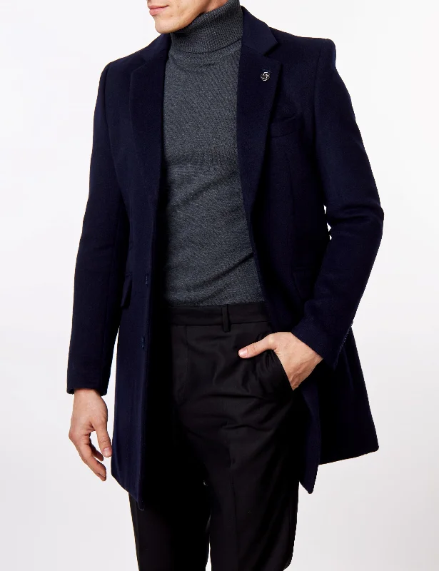 NATE - NAVY LONG WOOL BLEND OVERCOAT Cozy Men's Winter