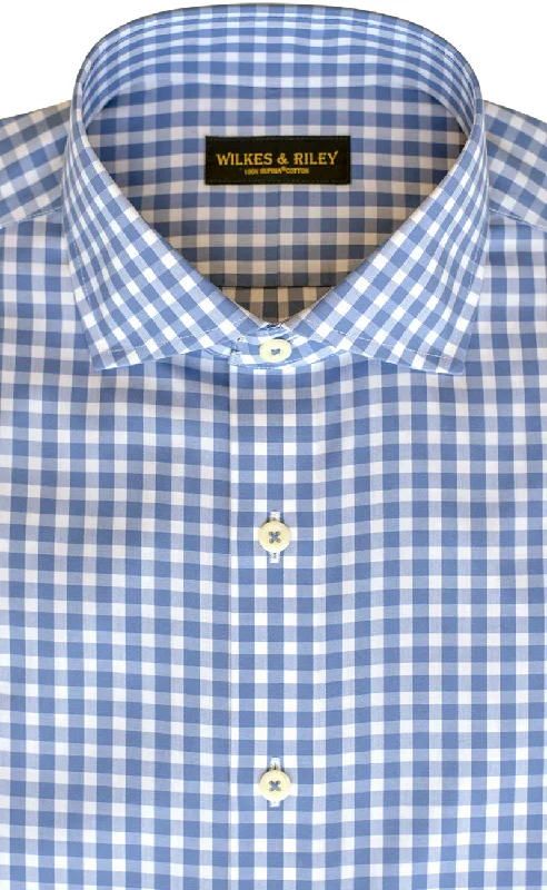 Slim Fit Blue Gingham English Spread Collar Supima® Cotton Non-Iron Broadcloth Dress Shirt Street