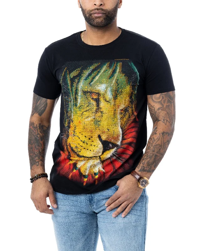 Heads or Tails Men's Marley Lion Rhinestone Studded Graphic Printed T-Shirt Athletic Men's High