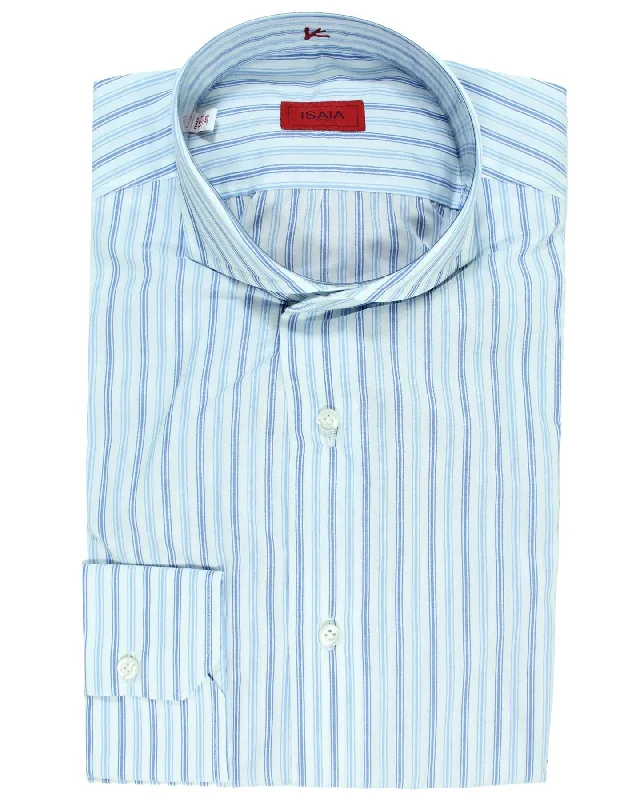 Isaia Dress Shirt White Blue Stripes 39 - 15 1/2 Cutaway Collar Dapper Men's 1920S