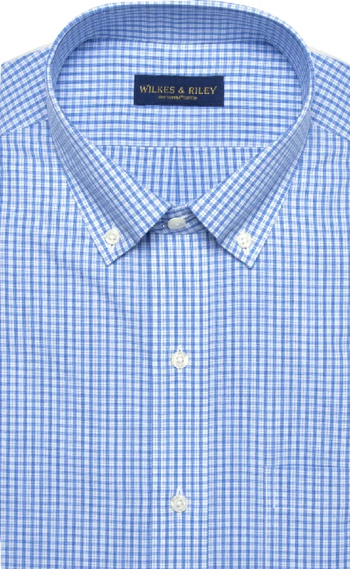 Classic Fit Blue Plaid Button-Down Collar Supima® Cotton Non-Iron Broadcloth Dress Shirt Sleek Men's Metallic