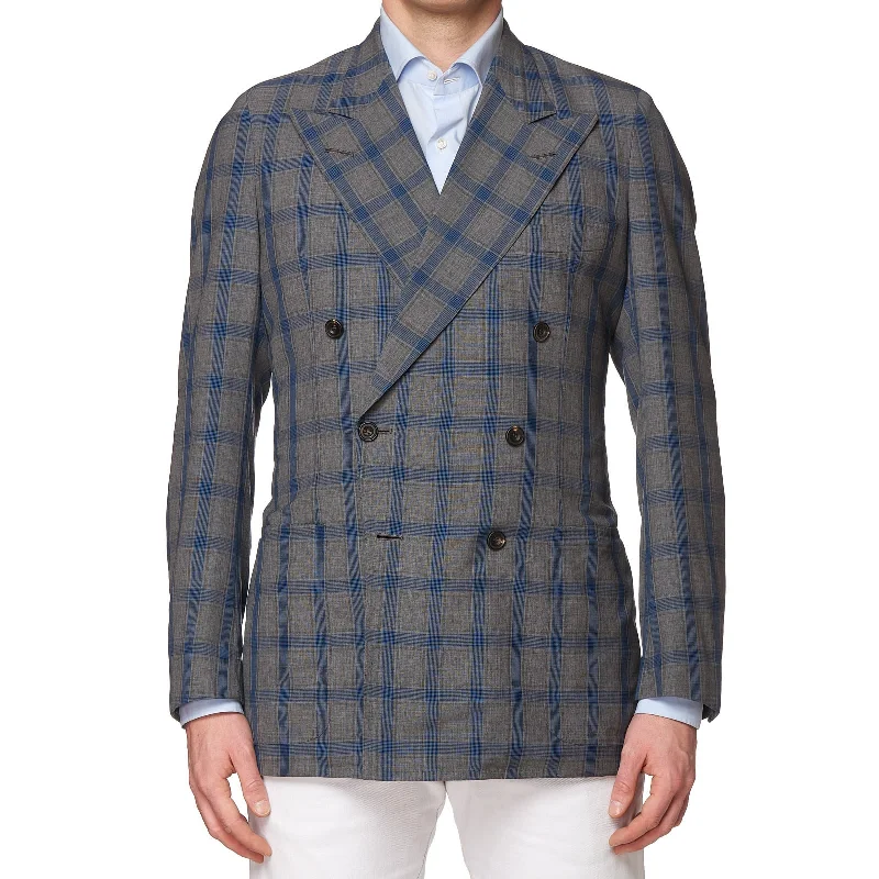 RUBINACCI LH Handmade Bespoke Gray Plaid Wool-Silk-Linen DB Jacket EU 50 US 40 Traditional Men's Wool