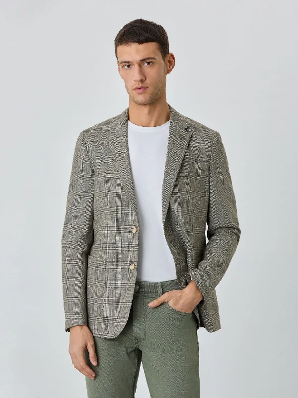 Half-Canvas Prince Of Wales Blazer With Patch Pockets In Linen Blend Polished Men's Silk