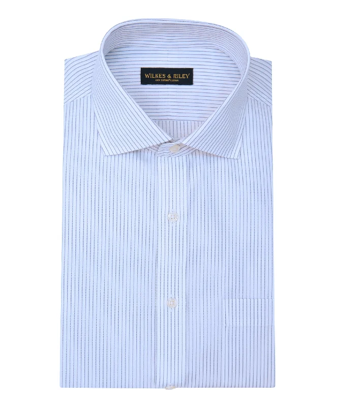 Tailored Fit Grey Stripe English Spread Collar  Supima® Cotton Non-Iron Broadcloth Dress Shirt Elegant Men's Formal 