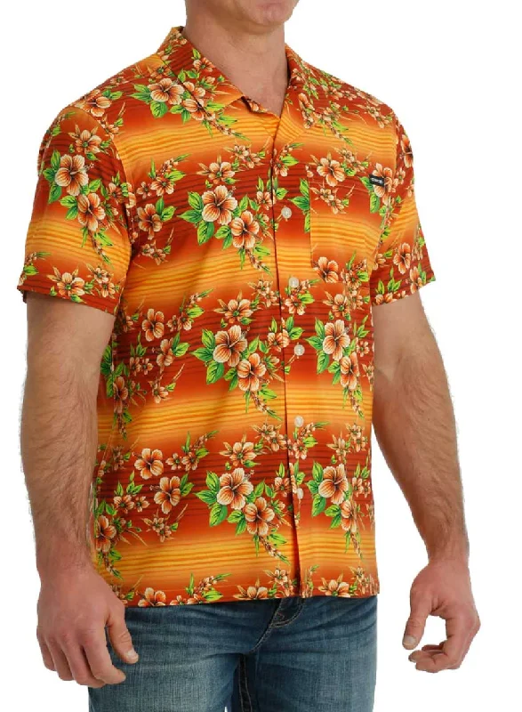 Cinch Men’s Orange Hawaiian Camp Shirt Monochromatic Office Style