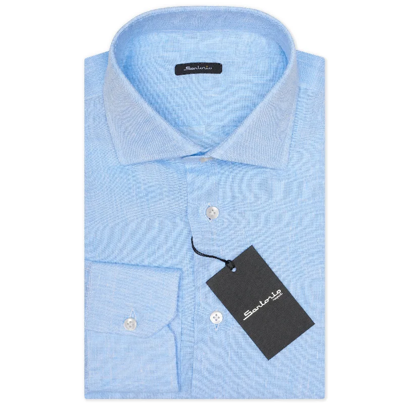 SARTORIO Napoli by KITON Light Blue Linen Spread Collar Shirt Slim Fit NEW Casual Men's Short