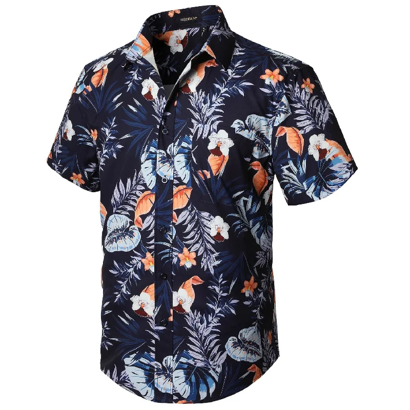 Summer Hawaiian Shirts with Pocket - 03-ORANGE/NAVY BLUE Refined Men's Classic 