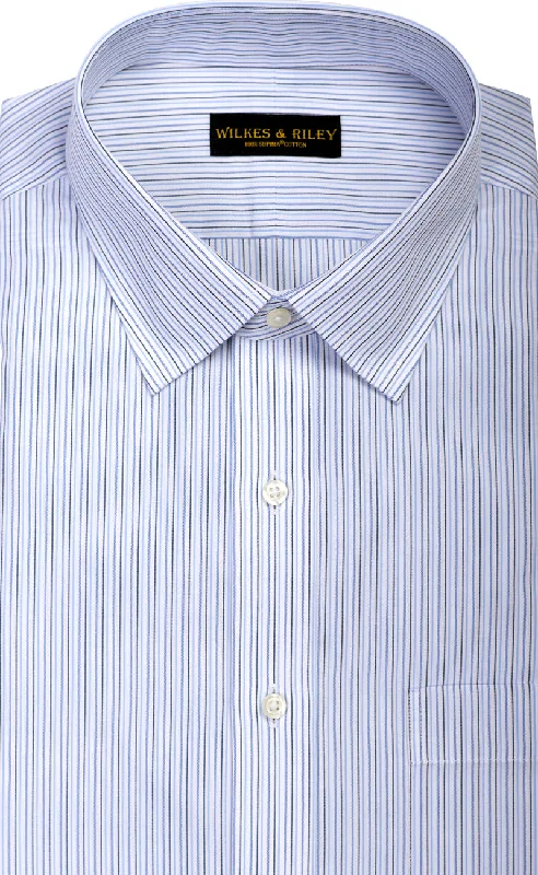 Slim Fit Blue & Navy Multi Stripe Spread Collar  Supima® Cotton Non-Iron Broadcloth Dress Shirt Vintage Men's 1970S Disco