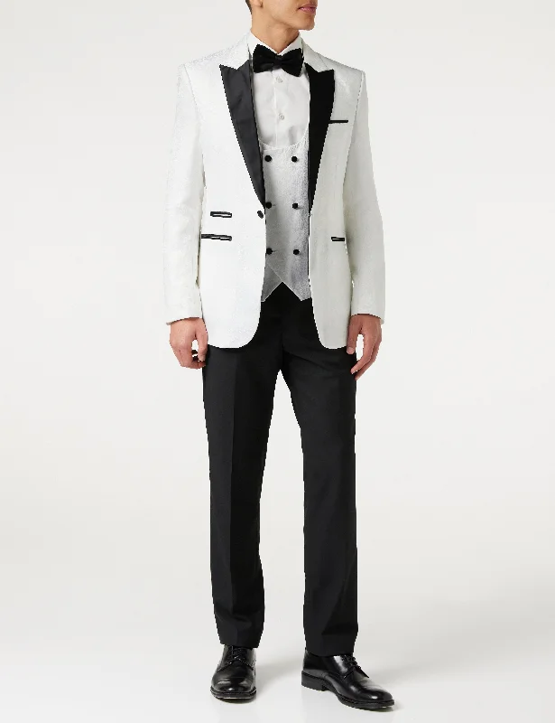 BRIAN - Floral Jacquard Print White Tuxedo Jacket With Waistcoat Monochromatic Office Style