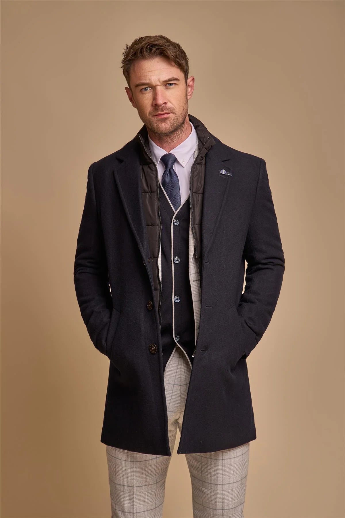 Sanford - Men's Navy Wool Blend Overcoat Modern Men's Geometric