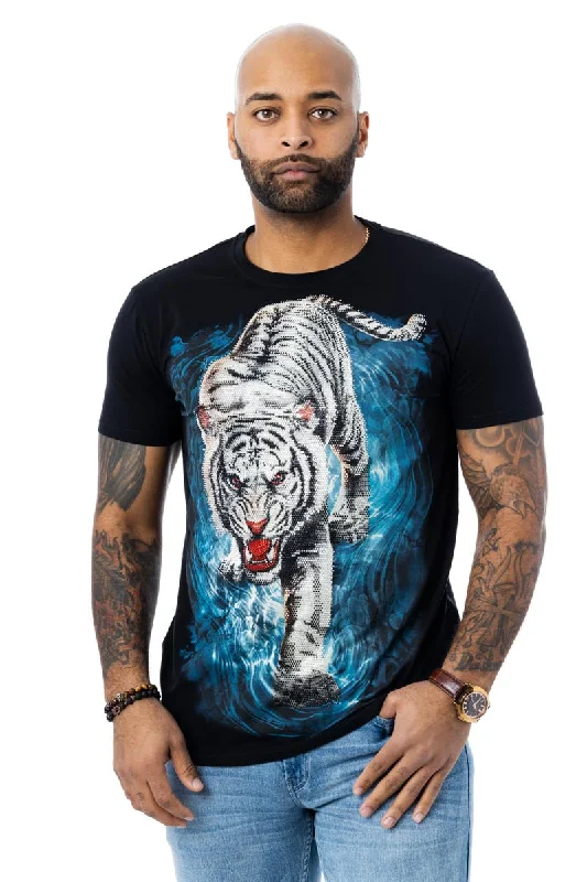 Heads or Tails Men's Tiger On Water Rhinestone Studded Graphic Printed T-Shirt Luxurious Men's High