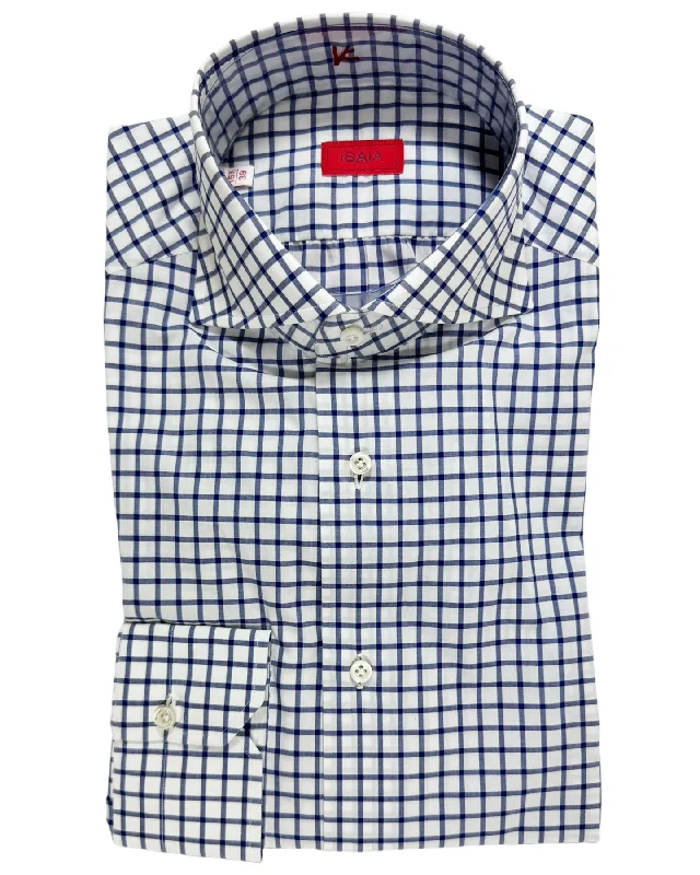 Isaia Dress Shirt White Dark Blue Check 39 - 15 1/2 Regular Fit Sporty Men's Athleisure 