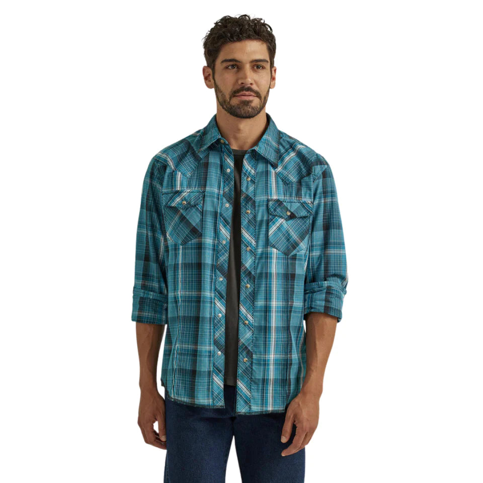 Wrangler Men's Teal Plaid Modern Fit Shirt Practical Men's Multi