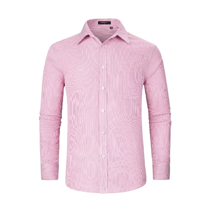 Men's Casual Long Sleeve Striped Shirt - PINK Traditional Men's Wool