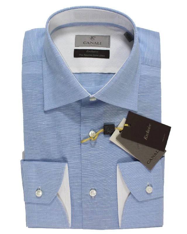 Canali Dress Shirt Blue Pattern - Exclusive Collection - Linen Cotton - Modern Fit 40 - 15 3/4 Stylish Men's Tropical 