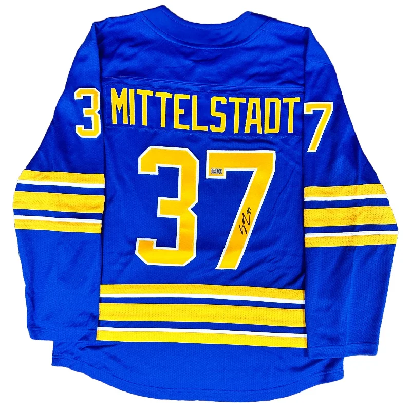 Casey Mittelstadt Signed Sabres Authentic Fanatics Blue Jersey Laid