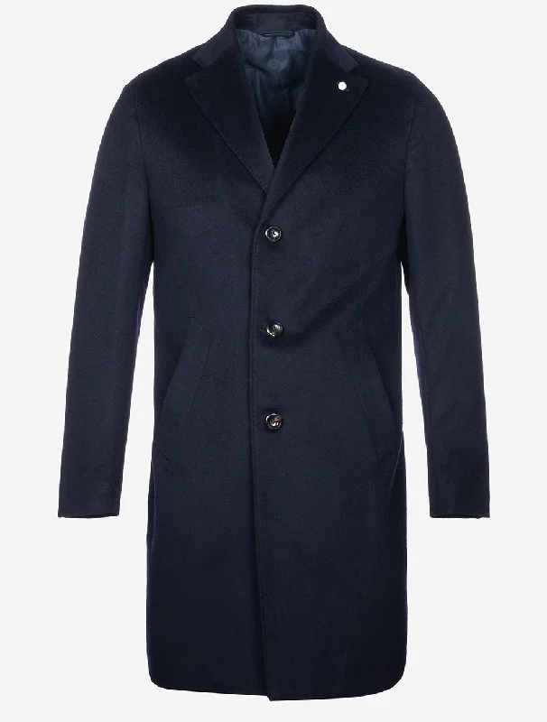 Single Breast Wool And Cashmere Blend Overcoat Navy Cool Men's Distressed