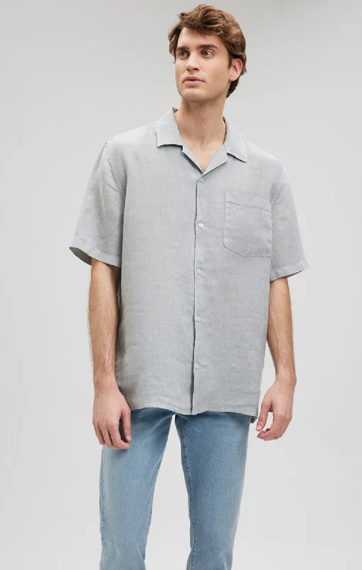 LINEN SHORT SLEEVE SHIRT IN HARBOR MIST Laid