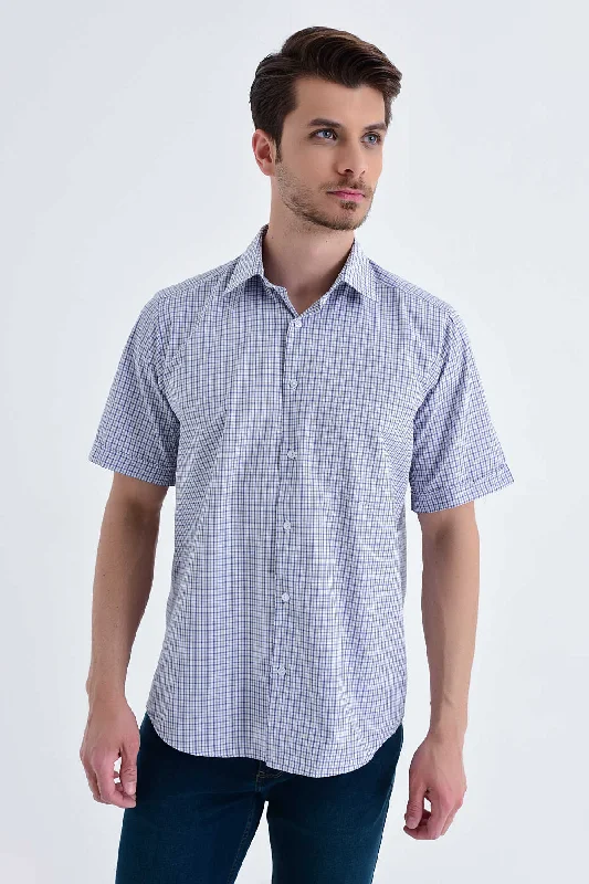 Classic Fit Short Sleeve Plaid Cotton Blend Navy Dress Shirt Monochromatic All