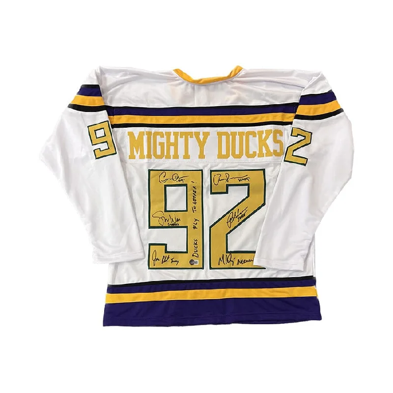 Mighty Ducks Cast Signed White Jersey with "Ducks Fly Together!" Polished Men's Silk