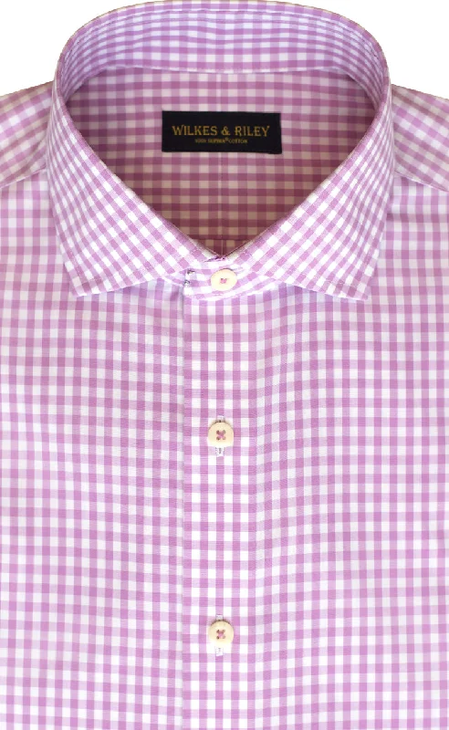 Slim Fit Pink Gingham English Spread Collar Supima® Cotton Non-Iron Broadcloth Dress Shirt Vacation