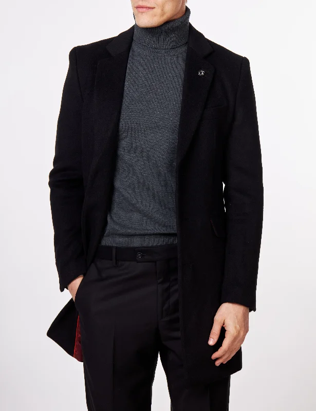 NATE - BLACK WOOL BLEND LONG OVERCOAT Tailored