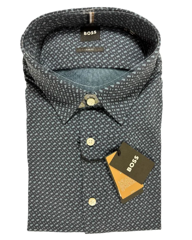 Hugo Boss Shirt Midnight Gray Pattern M Slim Fit SALE Polished Men's Silk