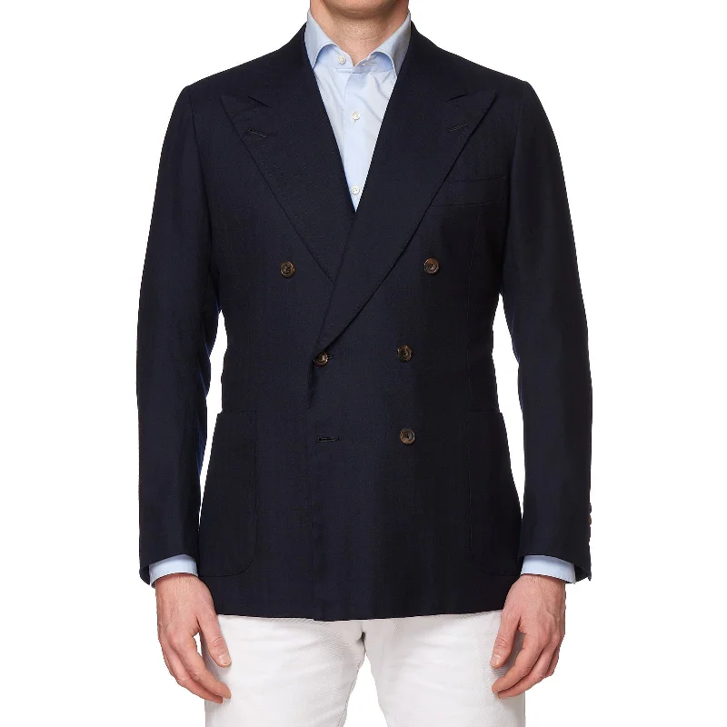 RUBINACCI LH Handmade Bespoke Navy Blue Herringbone Cashmere DB Jacket 50 US 40 Earthy Men's Hemp