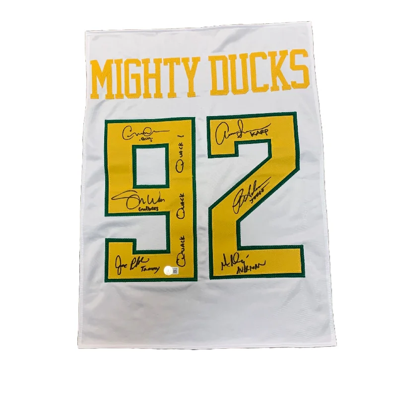 Mighty Ducks Cast Signed White Custom Jersey Panel with "Quack Quack Quack" Minimalist Men's Casual 