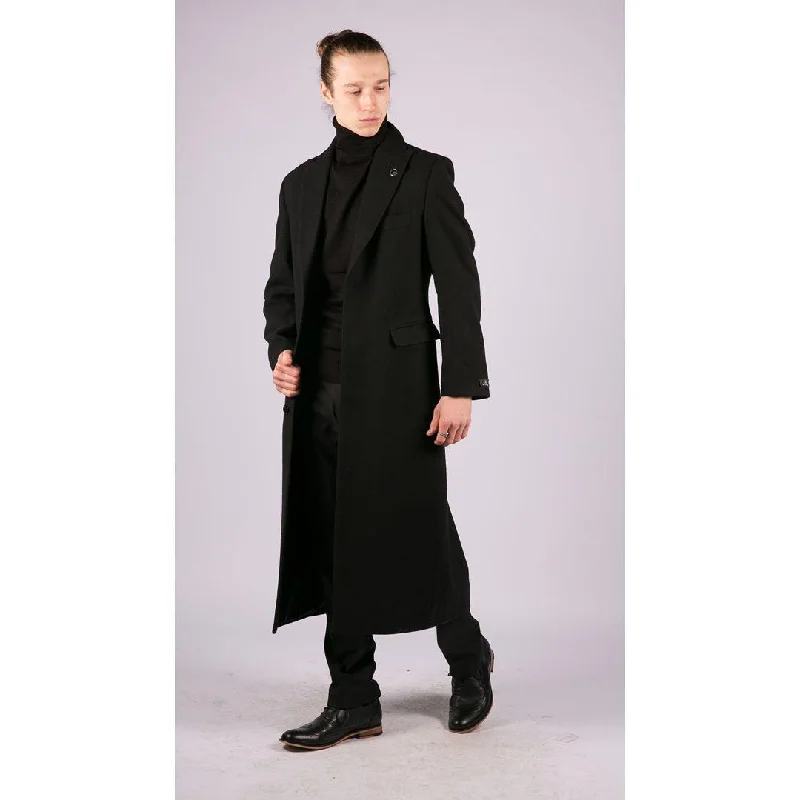 Mens Full Length Overcoat Mac Jacket Wool Feel Charcoal Black 1920s Blinders Adventure